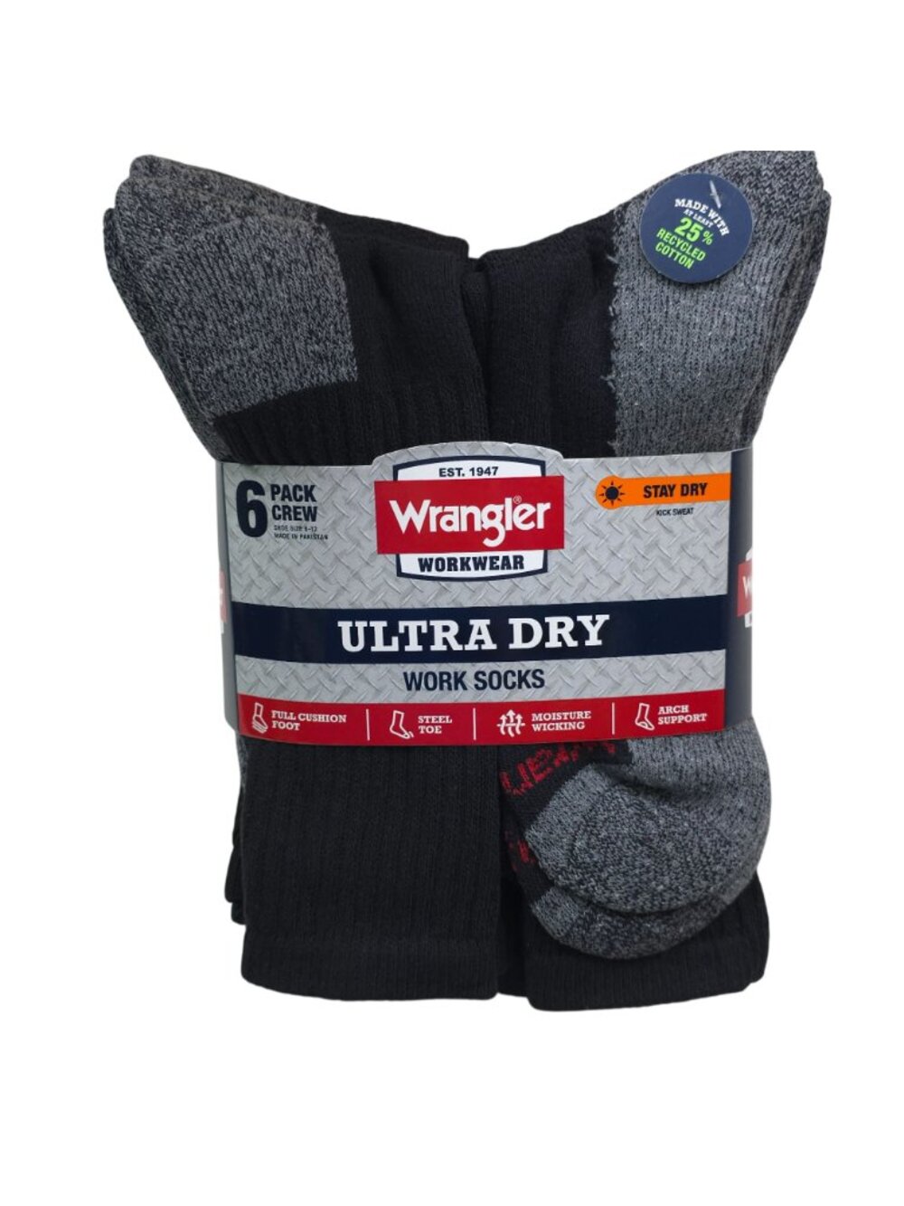 Wrangler Ultra Dry Work Socks 6-Pack Crew Arch Support Steel Toe Cushion Foot - Picture 9 of 9
